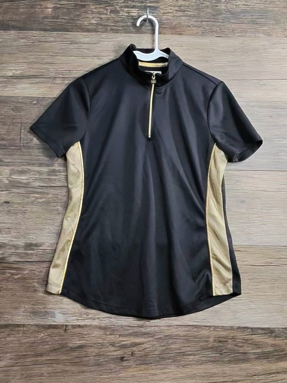 Greg Norman Collection Black Short Sleeve Zip Polo with Gold Side Panels Golf